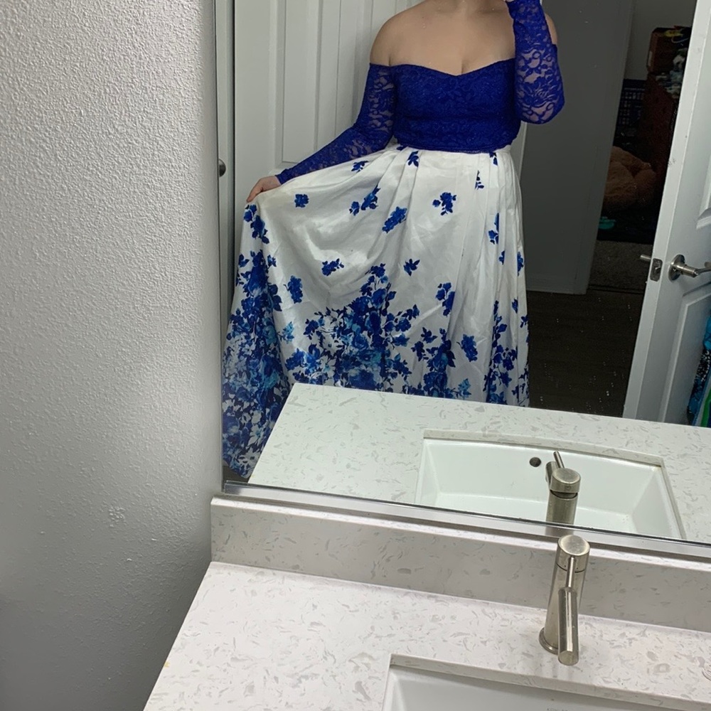 Two piece prom dress, blue and white floral, size 12-15, long with pockets